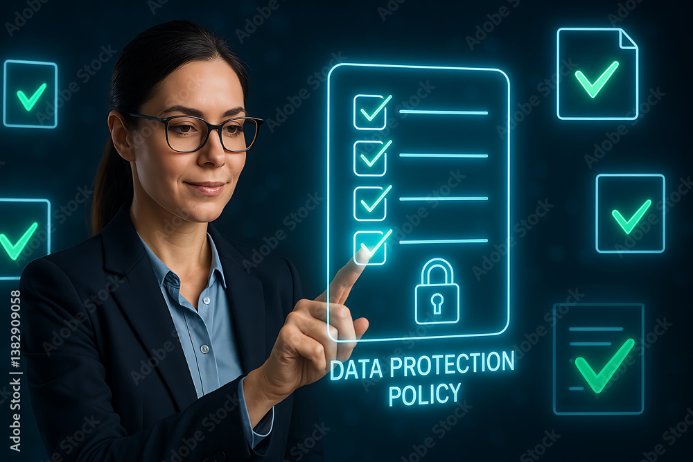 Poster businesswoman interacting with digital data protection policy checklist cybersecurity compliance and