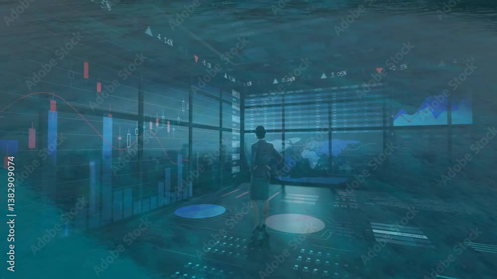 Poster Analyzing financial data and graphs, person using animation with ocean background