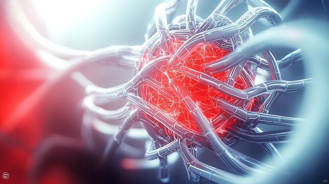 Interconnected silver tubes encircle a glowing red sphere, with light flare and cool tones - Powered by Adobe