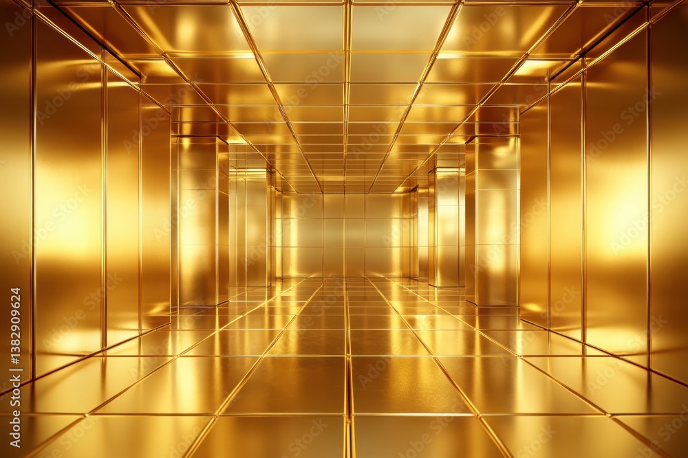 Poster captivating golden corridor with reflective tiles and modern architectural design creating a luxurio
