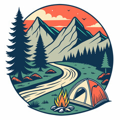 Camping Adventure Scene With Tent And Campfire Amidst Mountain Landscape