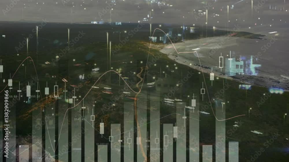 Poster financial data charts and graphs animation over aerial view of coastal landscape