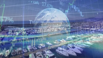 Globe and financial data animation over marina with boats and yachts - Powered by Adobe