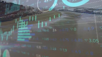 Financial data and stock market graphs animation over coastal landscape - Powered by Adobe