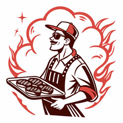 Confident Barbecue Chef Serving Grilled Meats With Flames Vector Illustration