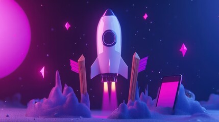 Futuristic rocket launch, digital art, vibrant colors, space theme