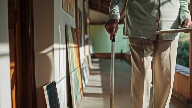 Senior painter with walking stick holding palette and admiring artwork in art gallery, enjoying creative inspiration and artistic pursuit in retirement