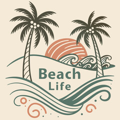 Naklejka premium Beach Life Tropical Paradise With Palm Trees And Sunset Illustration