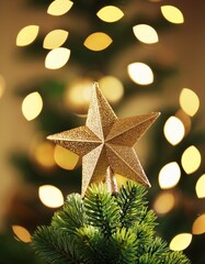 close-up of a glittering gold star on top of a christmas tree