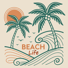 Beach Life Graphic With Palm Trees Sun And Waves In Retro Style