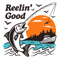 Catching Fish At Sunset With Boat And Reelin Good Text Design