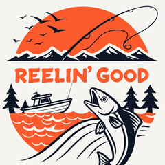 Fototapeta premium Fishing Adventure Illustration Featuring Jumping Fish Boat Mountains And Trees Design