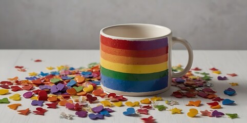 LGBTQ Pride-themed flat-lay with rainbow decor and blank space for text
