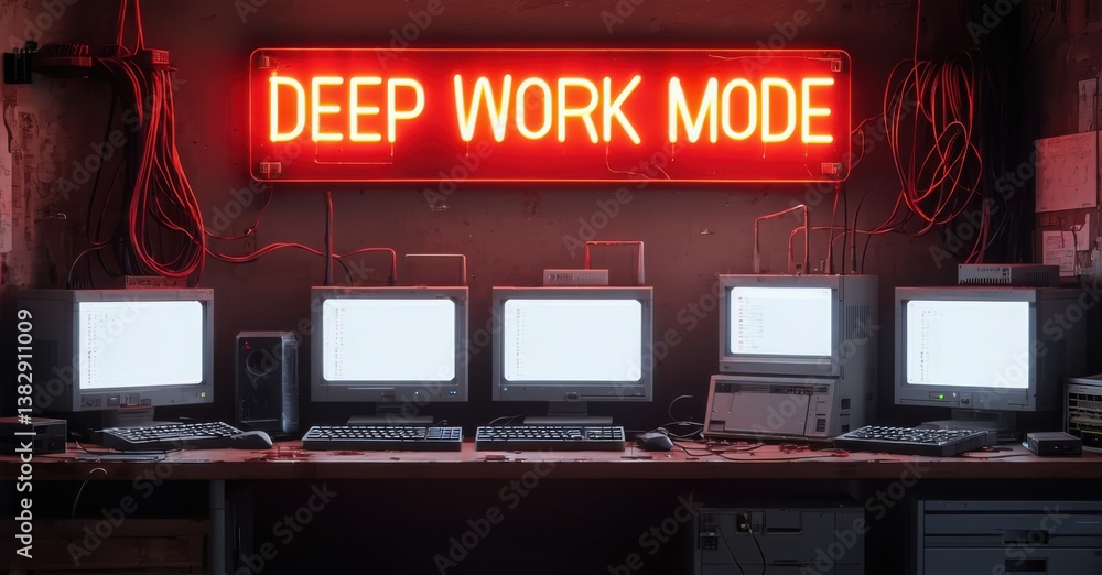 Poster retro computers line desk. bright neon sign reads deep work mode. dark room, red lighting creates in
