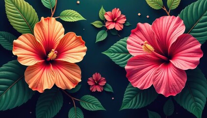 Bold, stylized hibiscus blooms, tropical leaves, vibrant color palette, pattern, texture, illustration