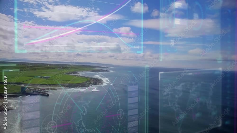 Poster animation overlaying digital data graphics on coastal landscape with ocean and fields