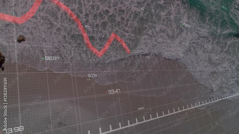 Poster animation of red line graph over ocean waves with grid overlay