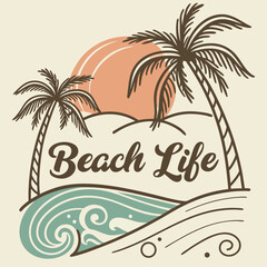 Vintage Style Beach Life Illustration With Palm Trees And Sunset