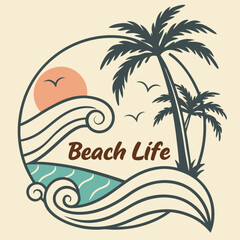 Vintage Beach Life Graphic With Palm Trees Sun And Ocean Waves Illustration
