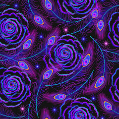 Seamless neon pattern with peacock feathers, rose flowers, stars. Bright glowing fluorescent colors. Fantasy dreamy concept. Virtual surreal design