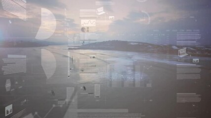 Animation of data visualization graphics overlaying coastal landscape at sunset - Powered by Adobe