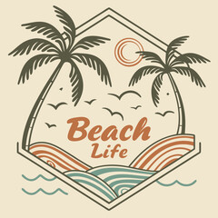 Tropical Beach Life Scene With Palm Trees Sun And Sea Waves Illustration