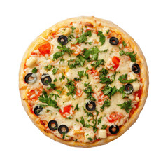 Overhead shot of a pizza with tomatoes olives parsley and cheese on a black background perfectly centered