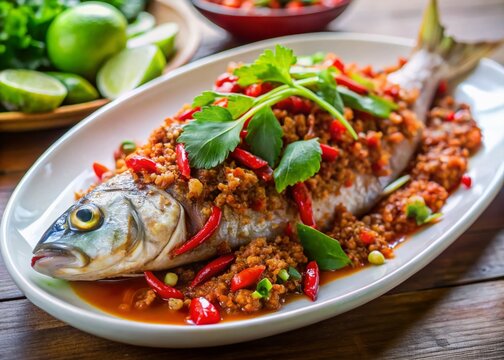 Spicy Minced Fish with Chili Paste (Khua Kling) - Thai Food Stock Photo