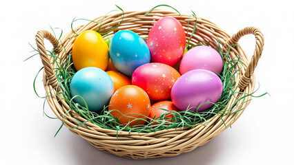 Fototapeta premium Vibrant Easter Basket with Decorated Eggs and Green Artificial Grass