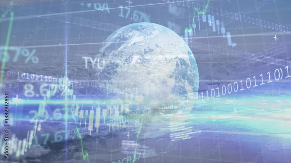 Poster animation of earth with financial graphs and binary code for global data analysis