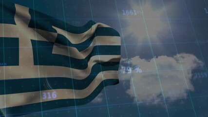Waving Greek flag with financial data and cloudy sky in animation background - Powered by Adobe
