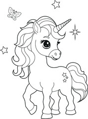 Illustration of a cute baby unicorn cartoon character. Black and white Printable Unicorn coloring page for kids