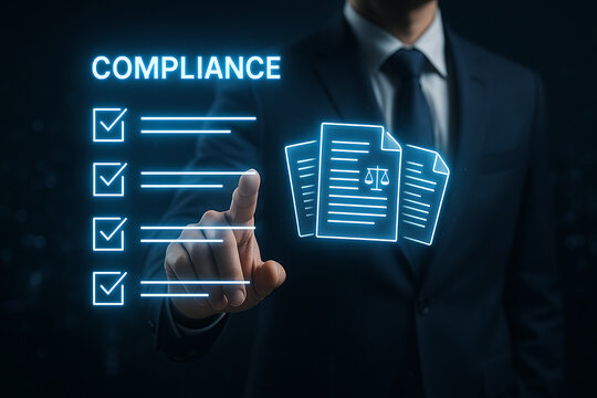 businessman using futuristic touchscreen interface to verify compliance with checklist and legal documents digital regulation control corporate standards and risk management process