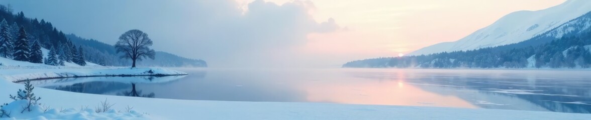 A frozen lake with only one tree in the distance, landscapes, solitude, frozen