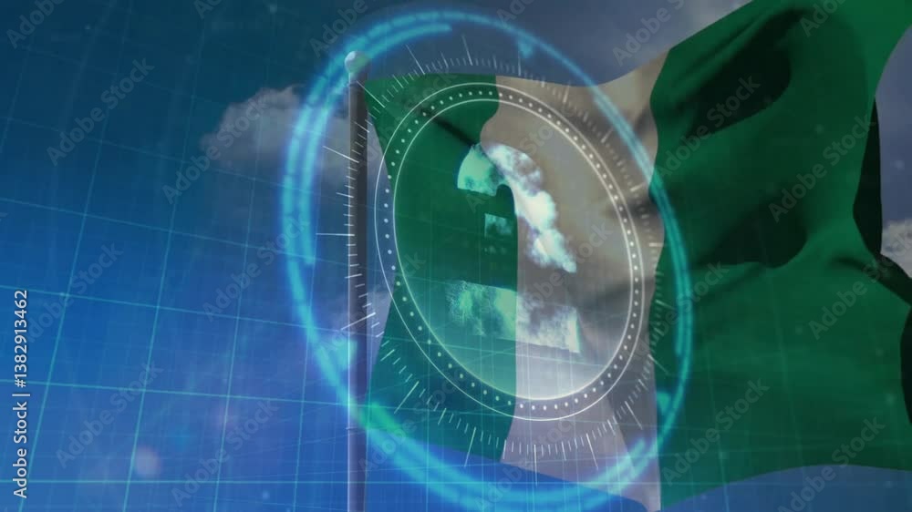 Poster animation of digital interface elements over waving flag against cloudy sky