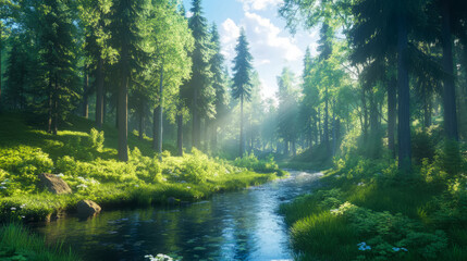 Obraz premium Idyllic Stream Scenery: Serene Woodland Creek with Sunlit Forest Canopy for Nature Lovers