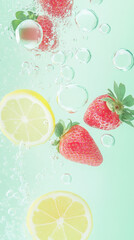 Fresh Strawberries and Lemons in Bubbles Against Mint Background