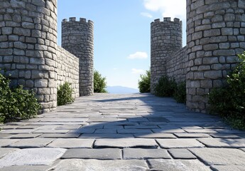 Fototapeta premium A scenic pathway leading through stone towers, showcasing ancient architecture surrounded by greenery under a clear blue sky.