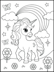 Illustration of a cute baby unicorn cartoon character. Black and white Printable Unicorn coloring page for kids