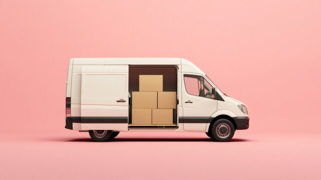 White delivery van full of cardboard boxes on pink background