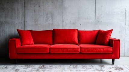 Red sofa standing in a modern living room with concrete wall