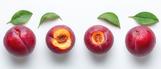 Fresh Plums with Green Leaves on White Backdrop Showcasing Juicy Texture and Vibrant Color in Natural Light Simple and Clean Composition