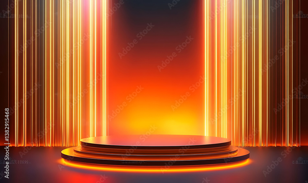 Poster orange round podium with neon circle light on a textured background. 3d rendering for modern product