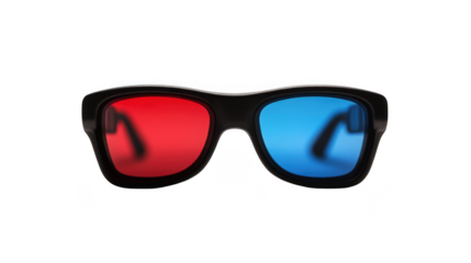 Isolated black framed glasses with a red lens on the left and a blue lens on the right side view