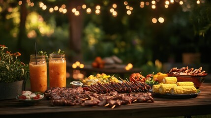 Rustic Outdoor Barbecue Feast on Wooden Table – Perfect for Summer Events, Backyard Gatherings, Food Advertisements, and Seasonal Dining Promotions