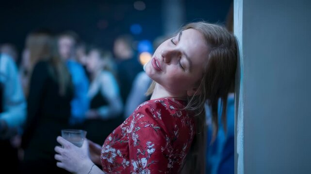 Tired young woman with drink leaning against wall at party, eyes closed. Realistic lifestyle. Exhaustion, intoxication, end of night concept for video projects, b-roll footage.