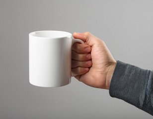 mockup de una mano masculina sosteniendo una taza blanca sobre un fondo blanco claro. – Alta calidad