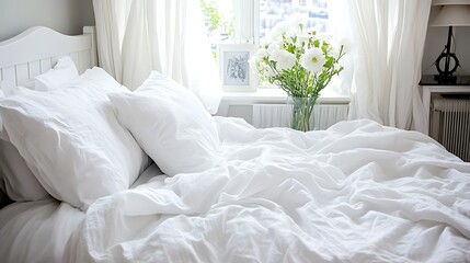 A bright and airy bedroom featuring a comfortable white bed