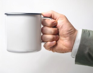 mockup de una mano masculina sosteniendo una taza metálica vintage blanca sobre un fondo blanco claro. – Alta calidad
