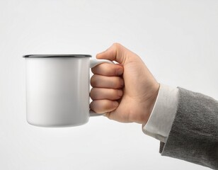mockup de una mano masculina sosteniendo una taza metálica vintage blanca sobre un fondo blanco claro. – Alta calidad